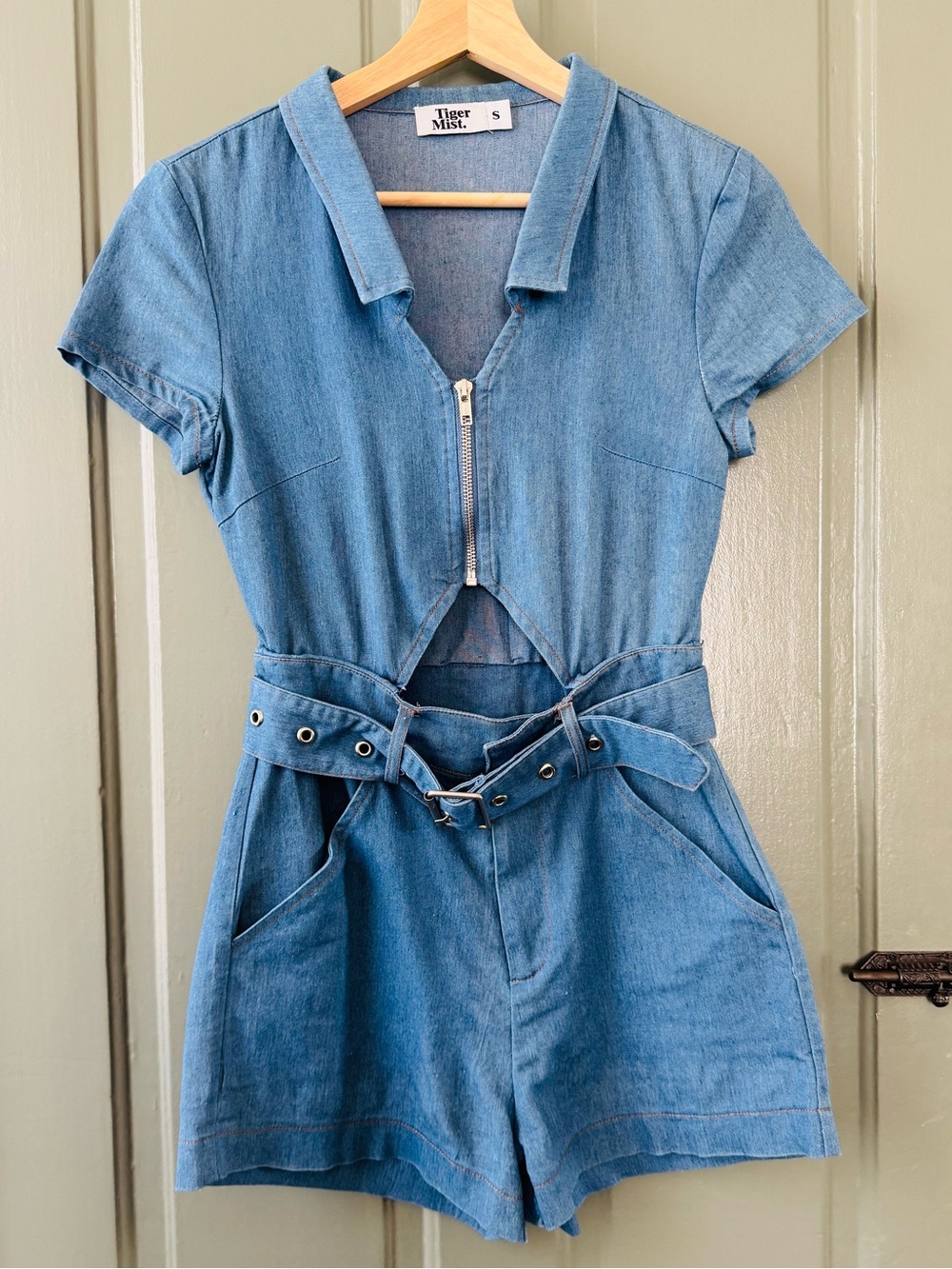 Tiger Mist Light Blue Short Sleeve Playsuit with Belt